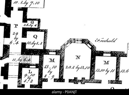 . Englisch: Fleuron aus Buch: Eine der wesentlichen Mansion, genannt Argyll House, Ende, die zu Seiner Gnade der Herzog von Argyll, verstorben, in Argyll-Buildings aufgestellt; im Erdgeschoss mit einem großen Salon, ein Salon, 7 weitere Zimmer, sowie eine Bibliothek 90 Fuß in der Länge und zwanzig - zwei in die Breite, mit zwei Galerien mit kannelierten Säulen und geschnitzten Kapitellen unterstützt, ordentlich mit Regalen für Bücher ausgestattet, und malte im Chiaro Oscuro an den Wänden; 7 Zimmer im ersten Stock, eine lange Galerie über die Bibliothek und ein Dachgeschoss, eine große komfortable Küche, ein Stockfoto