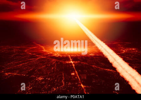 Stadt von Nuke Atombombe Höhenlage nukleare Explosion explosive Raketen in den Himmel Weltkrieg Abbildung Konzept zerstört. Stockfoto