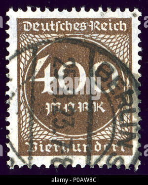 . Englisch: Stempel von Deutschland, Inflation 400 Mark, Ausgabe April 1923, braun, in BERLIN S abgebrochen auf 25-8-1923. Michel N° 271. . 21 Februar 2014, 15:52:29. Jacquesverlaeken 1 1923 400 Mk BerlinS Mi 271 Stockfoto