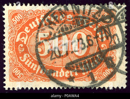 . Englisch: Stempel von Deutschland, Inflation Markierung 500, Ausgabe März 1923, in Chemnitz storniert am 20-7-1923. Michel N° 251. . 21 Februar 2014, 15:52:29. Jacquesverlaeken 1 1923 500 Mk Chemnitz Mi 251 Stockfoto