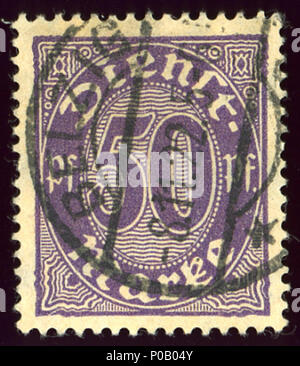 . Englisch: Offizieller Stempel der Deutschland, 50 Pfg Ausgabe 1920, abgebrochen 1922 in Belzig (Brandenburg). . 16 August 2013, 13:53:09. Jacquesverlaeken 1 1922 Reich 50 Pfg D 29 Belzig Stockfoto
