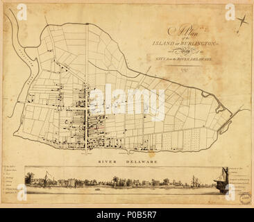 . Englisch: Kataster-karte Gebäude zeigen, viele Linien, Obstgärten und Gärten. Mit nach Norden in Richtung der linken unteren orientiert. Mit index zu Points of Interest und Panoramablick auf der Unterseite des Blattes. Auch verfügbar in der Bibliothek des Kongresses Website als Rasterbild. LC kopieren Falten - gezeichnet, meliert, mit roter Tinte kommentierte neue Straße, auf gewebeunterlage montiert, um zu zeigen, umrandet mit einem Tuch. LC Blatt Fotokopiert als 8x 10-in.-film neg.-Nr. LC-USZ 62-35469. Vault. Ein Plan der Insel von Burlington: und einen Blick auf die Stadt vom Fluss Delaware. 1797. Birke, William Russell; M. Carey (Hart) 171 Ein pl Stockfoto