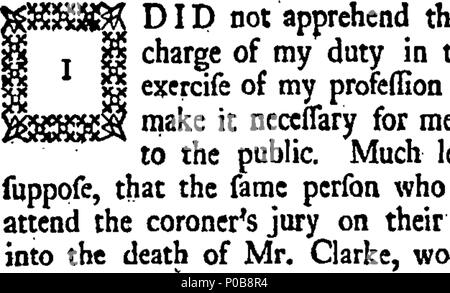 . Englisch: Fleuron aus Buch: Ein Appell an die Öffentlichkeit, das Berühren der Tod von Herrn George Clarke, der einen Schlag Brentford empfangen am Donnerstag, den 8. Dezember letzten Jahres, von denen er Geschmachtet und starb am Mittwoch, dem 14. des gleichen Monats. Von Johannes Fuß, Chirurg, der Holles-Street, Cavendish-Square. 308 Ein Appell an die Öffentlichkeit Fleuron N 014716-1 Stockfoto
