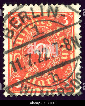 . Englisch: Stempel von Deutschland, Ausgabe Dezember 1921, 3 Mark, Abgebrochen BERLIN 1 - WILMERSDORF auf 11-7-1922. English: Zinnober/mattgelb Michel N° 192. 11. Juli 1922 (Scan 2014-02-20 13:25:57). W. Szesztokat 1 1922 3 Mk Berlin 1 Mi 192 Stockfoto