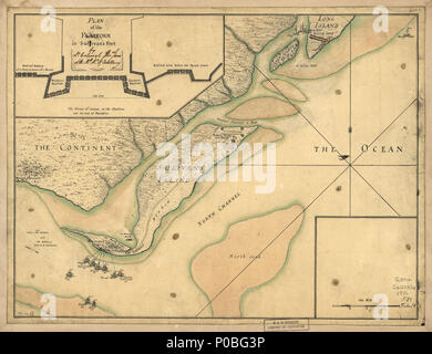 . Englisch: skalieren kann. 1:25.500. Titel von Gravierten Karte durch Faden im Jahre 1776 veröffentlicht. Manuskript, Feder und Tinte und Aquarell. Mit Einfügung "Plan der Plattform in Sullivan's Fort." von Oberstleutnant Thos beschriftet. James der Rl. Rt. der Artillerie, ein 'l' aus dem'Sullivan Fort zu löschen.' LC-Karten von Nordamerika, 1750-1789 1544 Verfügbar auch durch die Bibliothek des Kongresses Website als Rasterbild. Vault AACR2: 100; 650. [Einen Plan des Angriffs von Fort Sulivan, in der Nähe der Charles Town in South Carolina durch ein Geschwader der seine Schiffe Majestät am 28. Juni 1776, mit der Disposition des Stockfoto