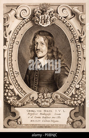 . Deutsch: Georg van Holte (Gerd vam Holte/Gerhard vom Holte/Gerhard von Holte,?-1668), Bürgermeister von Hamburg 1520 - 1529. Gesandter am Westfälischen Frieden 1648. Englisch: Portrait von Gerhard vom Holte (?-1668). 'Georg van Holte, I.V.L. Reipublicae Hamburgensis Senator et ad Comitia Ratisbonae Anno Christi 1654 Celebrata Delegatus". Bürgermeister von Hamburg und Abgesandter zum Westfälischen Frieden 1648. Seite 115. Nederlands: Gerhard vom Holte (?-1668), Burgemeester van Hamburg en gezant Bij de Vrede van Westfalen 1648. . 1717 Buch, gedruckt 1654. Anselm Van Hulle (1601 - nach 1674) Alternative Name Stockfoto