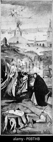. Kopieren Sie nach der inneren linken Flügel der Versuchung des Heiligen Antonius von Hieronymus Bosch im Museu Nacional de Arte Antiga, Lissabon. Für den linken Flügel siehe Datei: Nach Hieronymus Bosch004.jpg. . Die Versuchung des Heiligen Antonius. 16. Jahrhundert 271 nach Hieronymus Bosch 005 schwarz und weiss 01. Stockfoto