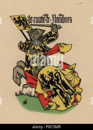 Graf von Flandern, Comte de Flandre, mit Standard. Chromolithograph von loredan Larchey des Ancien Armorial Équestre de la Toison d'Or et de l'Europe au 15e siecle (Antike Equestrian Armorials des Ordens vom Goldenen Vlies und Europa im 15. Jahrhundert), Paris, 1890. Von bebilderten Handschrift 4790 in der Bibliothèque de l'Arsenal. Stockfoto