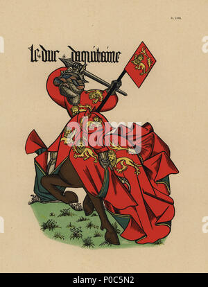 Herzog von Aquitanien, Duc d'Aquitaine, mit Standard. Chromolithograph von loredan Larchey des Ancien Armorial Équestre de la Toison d'Or et de l'Europe au 15e siecle (Antike Equestrian Armorials des Ordens vom Goldenen Vlies und Europa im 15. Jahrhundert), Paris, 1890. Von bebilderten Handschrift 4790 in der Bibliothèque de l'Arsenal. Stockfoto