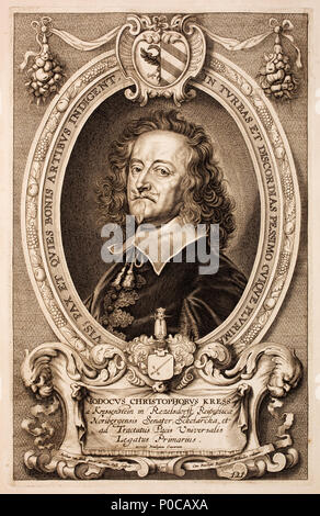 . English: Jobst Christoph Kreß von Kressenstein (1597-1663) vertrat Nürnberg bei König Gustav Adolf und unterzeichnete für andere Reichsstädte Nürnberg und 1648 in Osnabrück den Westfälischen Frieden. Englisch: Portrait von Jobst Christoph Kress von Kressenstein (1597-1663). "Jobst Christophorus Kress eine Kressenstein in Rezelsdorff, Reipublicae Noribergensis Senator, Scholarcha, et ad Tractatus Pacis Universalis Legatus Primarius.". Seite 121. . 1717. Anselm Van Hulle (1601 - nach 1674) Alternative Namen Anselmus Hebbelijnck, Anselmus Hebbelynck, Anselm von Hulle, Anselmus Van Hulle, Anse Stockfoto