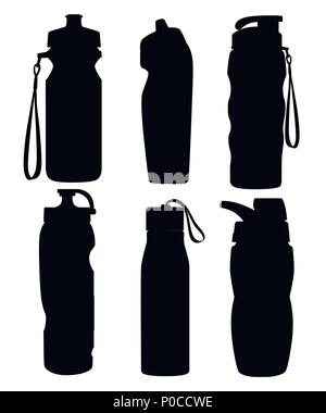 Schwarze Silhouette. Sammlung von Sport Flaschen. Fahrrad-Flasche. Aktivitäten im Freien. Verschiedene Formen von Wasserbehältern. Vector Illustration ist Stock Vektor