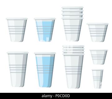 Satz von Plastikbechern. Transparente Einwegbecher in verschiedenen Größen. Leere Gläser und mit Wasser. Vector Illustration auf weißem Hintergrund. Stock Vektor