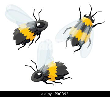 Sammlung von Cartoon drei süße Biene. Freundlich Bienen. Insekt wildlife Objekt fliegen. Flache Vector Illustration auf weißem Hintergrund. Stock Vektor