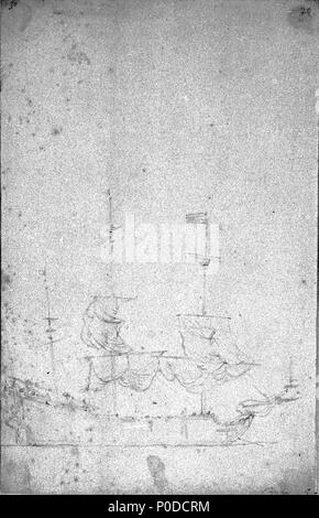 . Englisch: Eine Yacht, Besuch der niederländischen Flotte in die linke mittlere Distanz, ein Wetter quartal Blick auf einer Yacht mit Fahnen auf der Impressum und Peak in der Nähe - auf der Backbord geschleppt. Ein Schiff ist, die Ihr in der Nähe von Lee und feuerte begrüssen. Auf der extremen Linken, ein Port, der Bug eines Schiffes bei mit Fahne in den Vordergrund und Anhänger im Anker. Auf der rechten Seite, ein Schiff vor Anker im Hafen Strahl gesehen; sie lügt fast den Wind mit ihren Kursen und spritsail gelöst und sehr überrascht oder Schütteln; ein galjoot an ihrem Hafen Viertel. Land ist in der richtigen Entfernung dargestellt. Dies ist ein Bleistift und wa Stockfoto