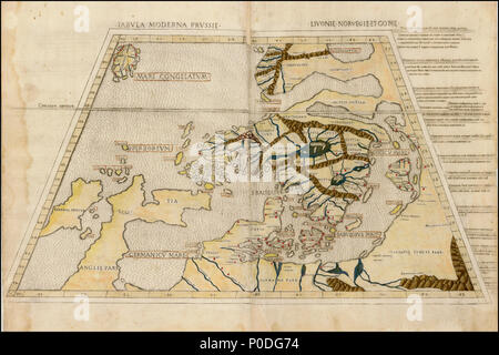 . Englisch: Eine moderne Karte von Preußen, Livonia, Norwegen, und Gothia, zusätzlich zu den regulären Ptolemäische Karten, der zum ersten Mal in der 1507 Neudruck der Rom Ptolemäus erschienen. Latina: Tabula Moderna Prussie Livonie Norvegie et Gottie. 1507. Ptolemäus, in Lateinamerika von Jacobus Angelus 1 Tabula Moderna Prussie usw. übersetzt Stockfoto