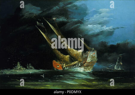 . Englisch: ein Handel junk auf See im westlichen Stil Ölgemälde in China im 19. Jahrhundert gefertigt wurden in den meisten Fällen durch anonyme Handwerker und wurden nie hohe Kunst von Chinesischen Literaten berücksichtigt. Abgesehen von einigen sehr bekannten Workshops targeting westliche Kunden im Kanton, Hongkong und Shanghai, die Mehrheit der Handwerker haben ihre Unterschriften nicht auf diesen Export Gemälde verlassen. Wenn Sie jemals abgeschlossen, so würden sie in Englischer Sprache (z.b. "Sunqua", das Pseudonym von einem der bekanntesten chinesischen export Malerei Künstler im 19. Jahrhundert Kanton arbeiten.) am Heck des Junk gemalte Zeichen Stockfoto