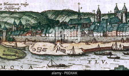 . Englisch: Maastricht, Niederlande. Blick auf die Liebfrauenkirche Vrouwepoort (Tor Unserer Lieben Frau) um 1570. Detail der Stadt Panorama von Simon de Bellomonte, c 1570, 1575 in Teil 2 der Braun & Hogenberg von Atlas der Welt Städte veröffentlicht Civitates orbis terrarum. . 17 Januar 2015, 16:19:02. Simon de Bellomonte, c2668 14 Maastricht, omgeving OLV-poort, Detail stadsgezicht Simon de Bellomonte, 1570 Kopieren Stockfoto