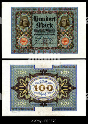 . Englisch: Deutsche Papiermark der Weimarer Republik, nach dem Ersten Weltkrieg hyperinflation Era (1921 - 24). . 1920 (Hinweis), 2015 (Bild). Reichsbankdirektorium Berlin 3 GER-69 b-Reichsbanknote 100 Mark (1920) Stockfoto