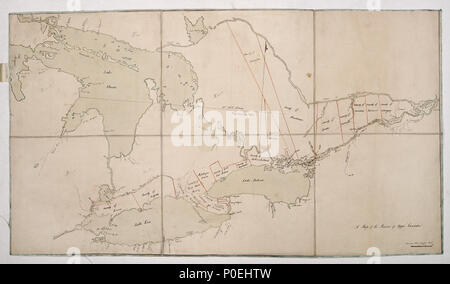. Englisch: eine Karte der Provinz obere CanadaSingle Blatt. Frau Medium: segmentiert und gesichert. Maßstab: 1:267 200. Kartografische Hinweis: Norden bei 4 Grad. Latitude 45° N und 77 Grad W gekennzeichnet. Weitere Orte: Lake Huron, Lake Ontario, Montreal. Inhalt Hinweis: Grafschaft Grenzen werden in Rot angezeigt. Grün 75B/3 eine Karte der Provinz Upper Canada. ca. 1793. [Alexander Aitken] 129 eine Karte der Provinz Upper Canada RMG-K 1076 Stockfoto