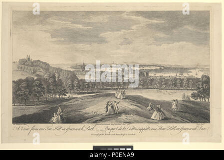 . Englisch: eine Ansicht aus einem Tree-Hill im Greenwich Park - Aussicht de la Colline Appelle eine Tree-Hill en Greenwich ParcAn idealisierte Ansicht in panoramischer Sicht, wobei in der Sternwarte auf der linken und die vollständige Sweep runde Blackwall Punkt auf der rechten Seite. Das Royal Hospital für Seeleute in der Mitte ist als komplette gezeigt, obwohl die Königin Maria Hof (unter der rechten Dome) nur in 1751 fertig gestellt wurde. Es gibt eine Reihe von Versionen von dieser Ansicht von tillemans in der Sammlung, nicht alle im Querformat detail identisch und durch mehrere Graveure, von 1744 bis 1794 eine Ansicht aus einem Tree-Hill in Stockfoto