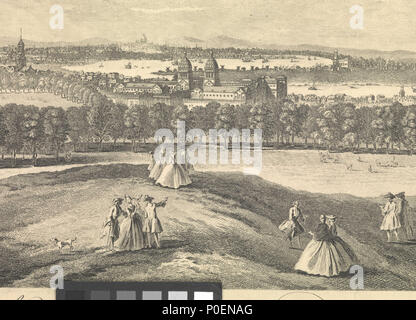 . Englisch: eine Ansicht aus einem Tree-Hill im Greenwich Park - Aussicht de la Colline Appelle eine Tree-Hill en Greenwich ParcAn idealisierte Ansicht in panoramischer Sicht, wobei in der Sternwarte auf der linken und die vollständige Sweep runde Blackwall Punkt auf der rechten Seite. Das Royal Hospital für Seeleute in der Mitte ist als komplette gezeigt, obwohl die Königin Maria Hof (unter der rechten Dome) nur in 1751 fertig gestellt wurde. Es gibt eine Reihe von Versionen von dieser Ansicht von tillemans in der Sammlung, nicht alle im Querformat detail identisch und durch mehrere Graveure, von 1744 bis 1794 detailliert Bild der zentralen Bereich Stockfoto