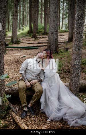 Schöne glückliche junge Hochzeit paar sitzen in den gefallenen Baum in Lake Forest Stockfoto