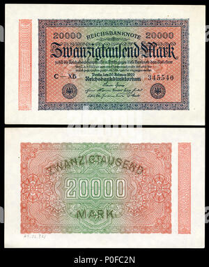 . Englisch: Deutsche Papiermark der Weimarer Republik, nach dem Ersten Weltkrieg hyperinflation Era (1921 - 24). . 1923 (Hinweis), 2015 (Bild). Reichsbankdirektorium Berlin 3 GER-85--20000 Mark Reichsbanknote (1923) Stockfoto