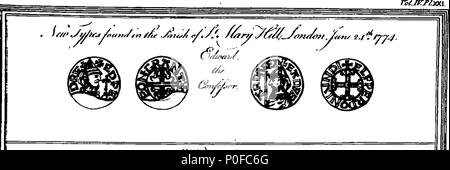. Englisch: Fleuron aus Buch: Berücksichtigung der Münzen, &c. In graben die Grundlagen für einige alte Häuser in der Nähe der Kirche von St. Mary Hill, London, 1774. Von Pfr. Dr. Griffith, Rektor dieser Kirche. An die Gesellschaft der Antiquaries, März 6, 1776 gelesen. 258 Konto der Münzen, etc Fleuron N 015139-6 Stockfoto
