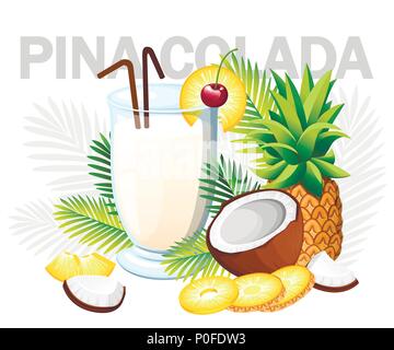 Pina Colada Cocktail. Tropische Cocktails mit Kokos und Ananas. Glas mit Getränken. Green Palm verlässt. Vector Illustration auf weißem Hintergrund Stock Vektor