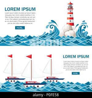 Stürmische See mit Leuchtturm auf Felsen Steine Insel. Kleine Schiffe auf dem Wasser. Natur oder marine Design. Flat Style. Vector Illustration mit Himmel und Wolken b Stock Vektor