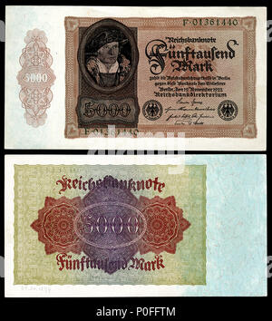 . Englisch: Deutsche Papiermark der Weimarer Republik, nach dem Ersten Weltkrieg hyperinflation Era (1921 - 24). . 1922 (Hinweis), 2015 (Bild). Reichsbankdirektorium Berlin 3 GER-78 - Reichsbanknote 5000 Mark (1922) Stockfoto