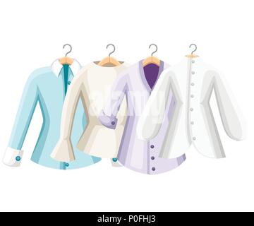 Set aus bunten Blusen. Sammlung von Frauen Bluse. Kleider auf Kleiderbügeln. Vector Illustration auf weißem Hintergrund. Stock Vektor