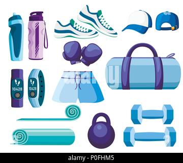 Satz von Sport Accessoires und Kleidung. In Blau und Violett Kollektion. Symbole für Klassen in der Turnhalle. Vector Illustration isoliert auf weißem backgroun Stock Vektor