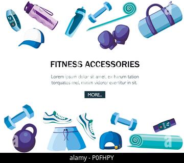 Satz von Sport Accessoires und Kleidung. In Blau und Violett Kollektion. Symbole für Klassen in der Turnhalle. Vector Illustration auf weißem Hintergrund. Ort Stock Vektor