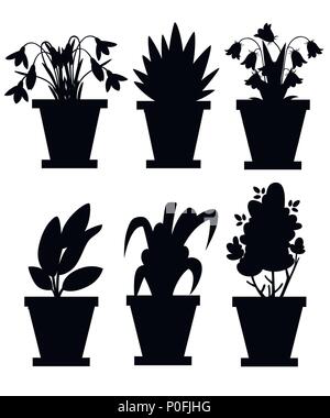 Schwarze Silhouette. Satz von Blumen in Töpfe. Indoor und Outdoor Landschaft garten Topfpflanzen. Abbildung: Flower Pot Bloom. Vector Illustration iso Stock Vektor