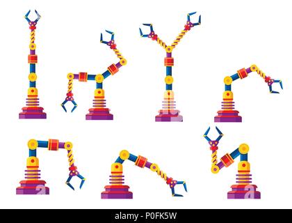 Einstellen der Farbe Roboterarme, die Hände. Vektor Roboter icons Collection. Industrielle Technologie und Fabrik Symbole. Flache Abbildung auf weißen backgr isoliert Stock Vektor