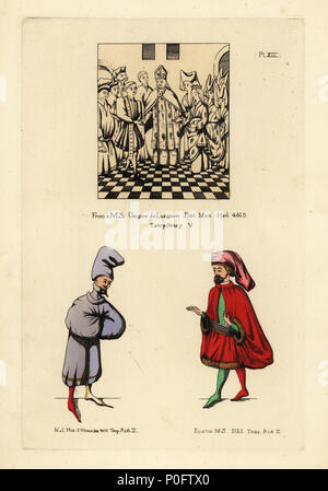 Extravagant Mode des 14. Jahrhunderts in England. Ehe der Raymondin und Meluisine vom Origine de Lusignan mit Frauen in der gehörnte Kopfschmuck, Herrschaft von Henry V, Mann in riesigen Cap und langärmlige Robe und Mann in weiten Purpurmantel, Herrschaft von König Richard II. Aus den Manuskripten Lusignan, British Museum, Harleian 4418, Histoire d'Alexandre303 und Egerten 1121. Papierkörbe Kupferstich von Thomas Anthony Tag und J.H. Abbildungen Dines' der mittelalterlichen Kostüm in England gesammelt aus Handschriften im Britischen Museum, Bibliotheque Nationale de Paris, Bosworth, London, 1853 Stockfoto