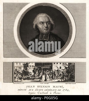 Jean-Sylvain Mauri oder Jean-Sifrein Maury (1746-1817), französischer Kardinal, Erzbischof und Bischof von Montefiascone. Vignette zeigt ihm fast von einer Lampe gehängt - Bügeleisen von einem Mob und Antworten Eh, Monsieur, quand vous m'aurez mis à la Lanterne, y-vous verrez plus Clair! Schabkunst ausgearbeitet und von Jean Duplessis-Bertaux aus seiner Sammlung vervollständigen de 60 Porträts des Personnages qui ont le plus Abbildung dans la Revolution Francaise, Auber, Paare, 1800 eingraviert. Porträt graviert von Charles Francois Gabriel Levachez. Stockfoto