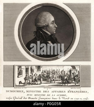 Charles-Francois du Perier Dumouriez, der französische General während der Französischen Revolutionskriege, 1739-1823. Schabkunst ausgearbeitet und von Jean Duplessis-Bertaux aus seiner Sammlung vervollständigen de 60 Porträts des Personnages qui ont le plus Abbildung dans la Revolution Francaise, Auber, Paare, 1800 eingraviert. Porträt graviert von Charles Francois Gabriel Levachez. Vignette zeigt Dumouriez Festnahme der vier Kommissionsmitglieder des Übereinkommens Nationale schickte ihn zu untersuchen. Stockfoto