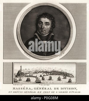 Andre Massena, Duc de Rivoli, General de Division, General en Chef de l'Armee d'Italie, 1758-1817. Schabkunst ausgearbeitet und von Jean Duplessis-Bertaux aus seiner Sammlung vervollständigen de 60 Porträts des Personnages qui ont le plus Abbildung dans la Revolution Francaise, Auber, Paare, 1800 eingraviert. Porträt graviert von Charles Francois Gabriel Levachez nach dem Gemälde von Bonne Maison. Vignette zeigt Massena die Österreicher bei der Belagerung von Genua, 1800 umleiten. Stockfoto