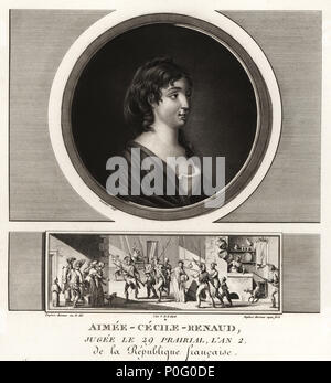 Aimee Cecile Renaud, 1774-1794, ausgeführt, die für den Versuch der Ermordung von Robespierre. Vignette zeigt ihre Verhaftung in der robespierre Haus. Schabkunst ausgearbeitet und von Jean Duplessis-Bertaux aus seiner Sammlung vervollständigen de 60 Porträts des Personnages qui ont le plus Abbildung dans la Revolution Francaise, Auber, Paare, 1800 eingraviert. Porträt graviert von Charles Francois Gabriel Levachez. Stockfoto