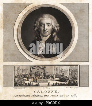 Charles Alexandre de Calonne, Controller General von Finanzen, 1734-1802. Schabkunst ausgearbeitet und von Jean Duplessis-Bertaux aus seiner Sammlung vervollständigen de 60 Porträts des Personnages qui ont le plus Abbildung dans la Revolution Francaise, Auber, Paare, 1800 eingraviert. Portrait von Madame Le Brun graviert von Charles Francois Gabriel Levachez. Vignette zeigt die Versammlung von Honoratioren 1787. Stockfoto