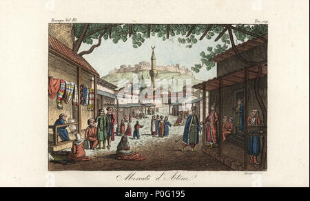 Blick auf den Markt oder den Basar in Athen, 18. Griechischen, türkischen und albanischen Männer rauchen, Wandern und Tauschhandel, Frauen, Stände auf der Straße, der Akropolis im Hintergrund. Von Edward Dodwell Ansichten in Griechenland kopiert. Papierkörbe Kupferstich von Sasso von Giulio Ferrario's Kostüme Antike und Moderne der Völker der Welt, Florenz, 1847. Stockfoto