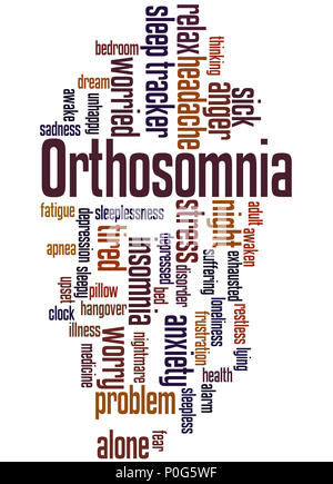 Wort Wolke orthosomnia Konzept auf weißem Hintergrund. Stockfoto