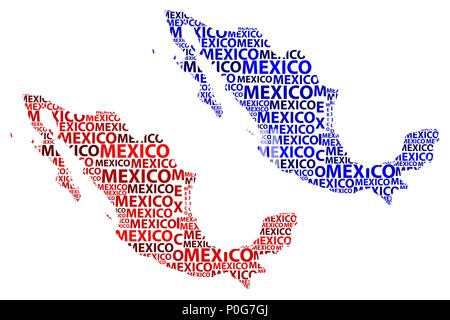 Skizze Mexiko schreiben Text Karte, Mexiko - in der Form des Kontinents, Karte der Vereinigten Mexikanischen Staaten - Rot und Blau Vector Illustration Stock Vektor