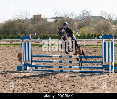 Mädchen Sprung über Hürde auf showjumping Wettbewerb Stockfoto