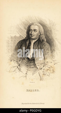 Albrecht von Haller, Schweizer Anatom, Naturforscher und Dichter, 1708-1777. Nach einem Portrait von Emanuel Handmann. Stahlstich von Lizars von Sir William Jardine Der naturforscher Bibliothek, W.H. Lizars, Edinburgh, 1843. Stockfoto