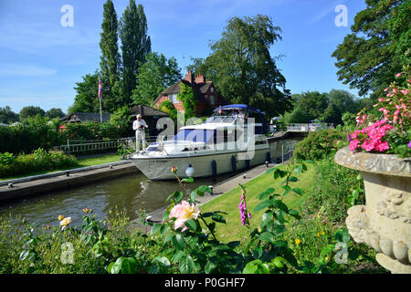 Sommer Pflanzen an der Sonning Schloss mit dem Motorboot durch die Blüte. Sonnig-on-Thames, Berkshire, England, Großbritannien Stockfoto