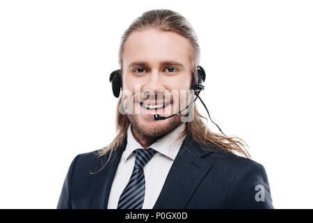 Glücklich aussehenden Call Center Betreiber mit Headset, isoliert auf weißem Stockfoto