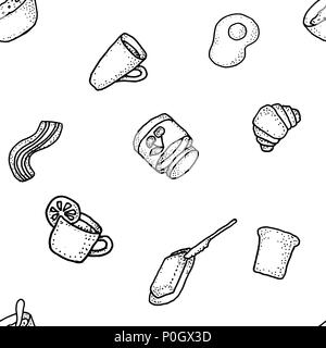 Seabless vector Pattern mit Frühstück. Kaffee, Tee, Zitrone, Butter, Brot, croisson, becon, Hafer, Ei Stock Vektor